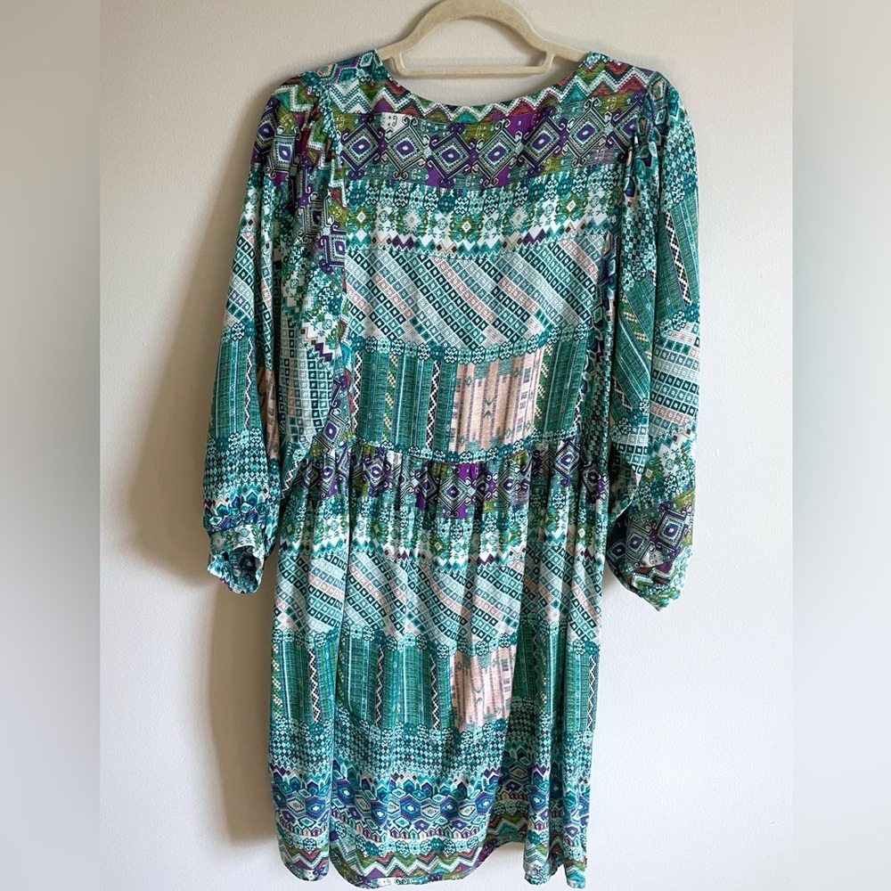 Multicolored Teal Boho Print Peasant Dress with Tassel Tie by Umgee Cruise Wear - Picture 5 of 7
